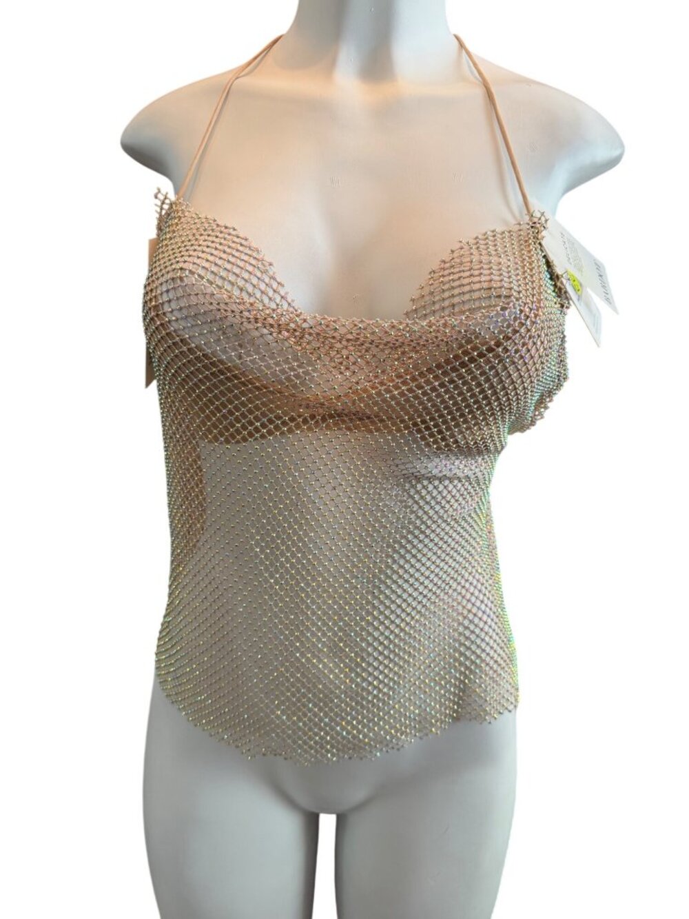 Bardot Gold Elliptical Halter Top With Rhinestones Open Back Adjustable Tie